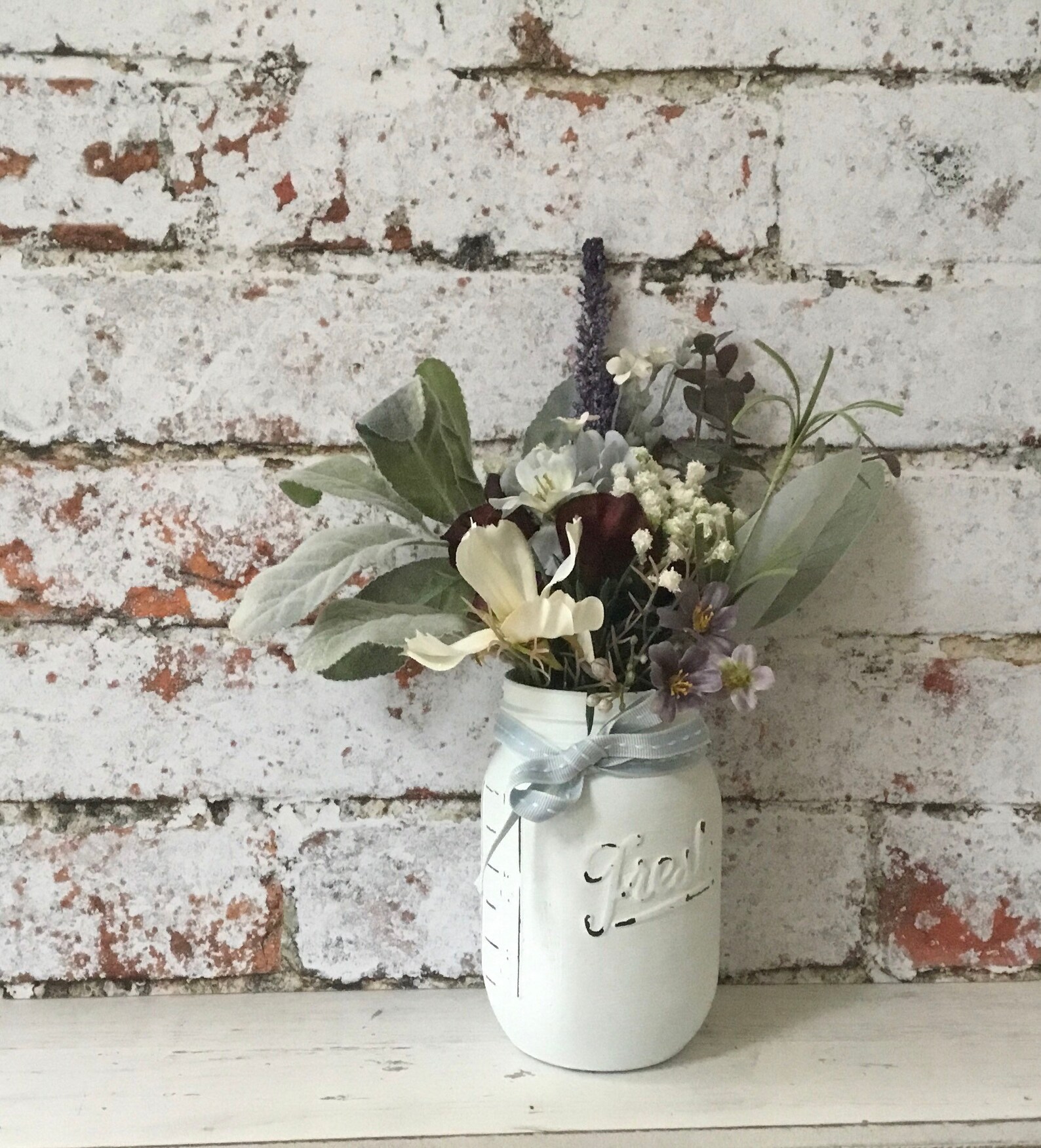 Faux Flowers in Painted Mason Jar Artificial Flowers Floral Etsy