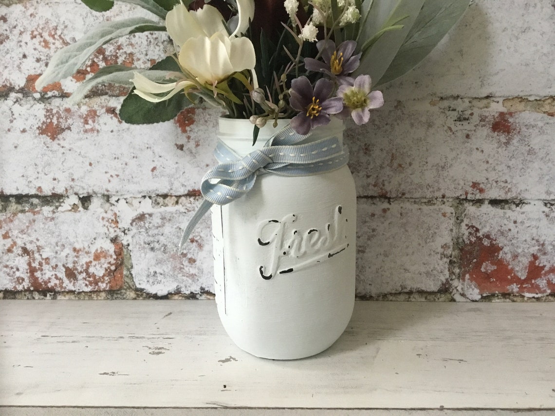 Faux Flowers in Painted Mason Jar Artificial Flowers Floral Etsy