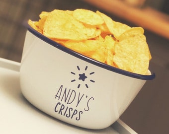 Crisps Personalised Snack bowl Enamel Blue Rim - Enamel Bowl - Enamel Snack Bowl - Nights In - Treats Bowl - Snack Pot - Family Night