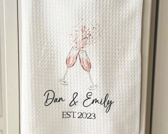 Paño de cocina personalizado con nombre y fecha para parejas, paño de cocina personalizado para bodas, paño de cocina a medida, paño de cocina para parejas, paño de cocina con diseño de champán