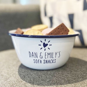 Sofa Snacks Personalised Enamel Bowl, Snack Bowl, Personalised Snack Bowl, Sweet Bowl, Crisp Bowl, Custom Couple Snack Bowl, Sofa Snack Bowl