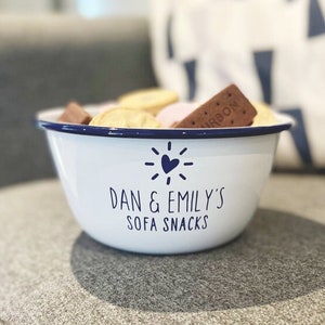 Sofa Snacks Personalised Enamel Bowl, Snack Bowl, Personalised Snack Bowl, Sweet Bowl, Crisp Bowl, Custom Couple Snack Bowl, Sofa Snack Bowl