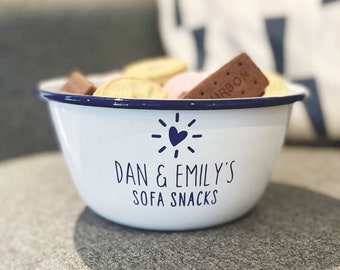 Sofa Snacks Personalised Enamel Bowl, Snack Bowl, Personalised Snack Bowl, Sweet Bowl, Crisp Bowl, Custom Couple Snack Bowl, Sofa Snack Bowl