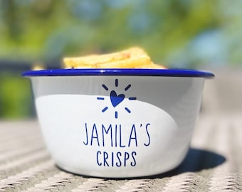 Crisps Personalised Snack bowl Enamel Blue Rim - Enamel Bowl - Enamel Snack Bowl - Nights In - Treats Bowl - Snack Pot - Family Night