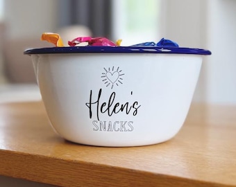 Snacks Heart Personalised Enamel Bowl, Personalised Snack Bowl, Snack Bowl