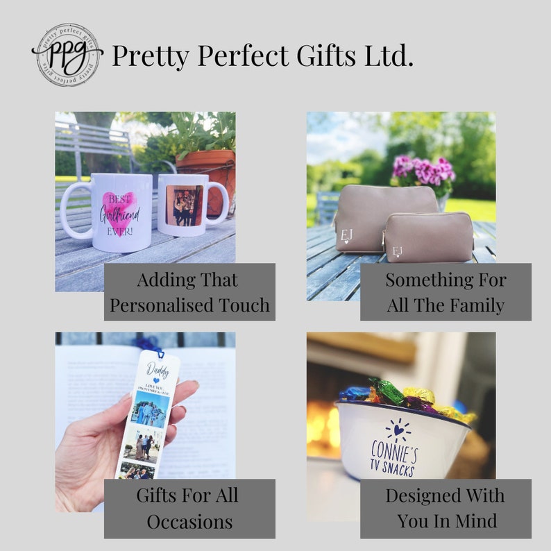 May include: A collage of four images showcasing personalized gifts. The top left image shows two white mugs, one with the text "Best Girlfriend Ever!" and a pink heart, and the other with a photo. The top right image shows two brown leather pouches with the initials "EJ" embroidered on them. The bottom left image shows a hand holding a bookmark with a photo collage and the text "Daddy". The bottom right image shows a white enamel bowl with the text "Connie's TV Snacks" and a heart design.