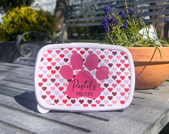 Pink Hearts Personalised Treat Box, Personalised Snack Box, Lunch Box, Food Storage, Custom Pet Treat Box, Pet Treat Storage, Dog Box