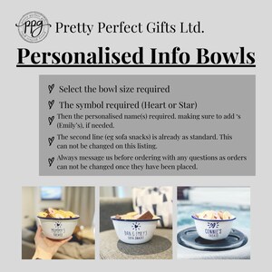 May include: Three white ceramic bowls with blue rims and a black and white design. The bowls are filled with snacks and have personalized text that reads "Mommy's Treats", "Dan & Emily's Sofa Snacks", and "Connie's Treats".