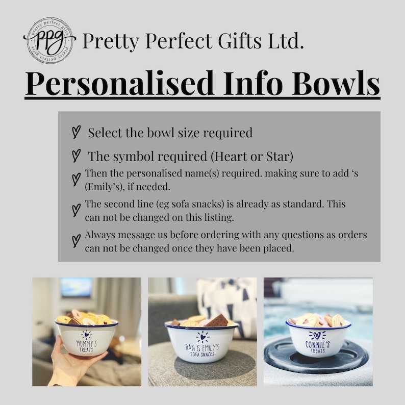 May include: Three white ceramic bowls with blue rims and a black and white design. The bowls are filled with snacks and have personalized text that reads "Mommy's Treats", "Dan & Emily's Sofa Snacks", and "Connie's Treats".