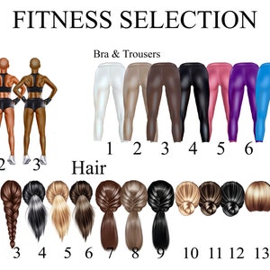 Op de afbeelding: Fitness selectiekaart met opties voor huidskleur, haarstijl en leggings. De kaart bevat 3 huidskleuren, 15 haarstijlen en 8 leggings kleuren.