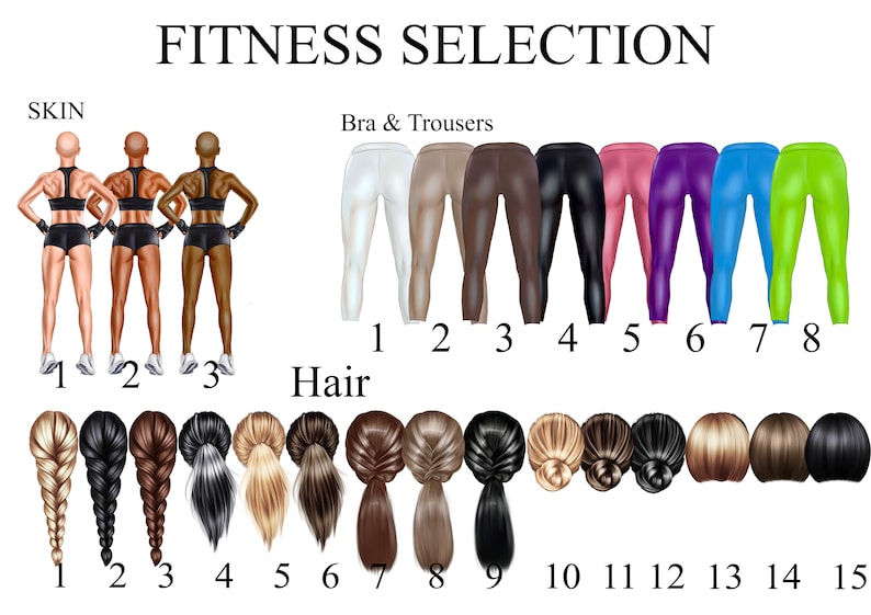 Op de afbeelding: Fitness selectiekaart met opties voor huidskleur, haarstijl en leggings. De kaart bevat 3 huidskleuren, 15 haarstijlen en 8 leggings kleuren.