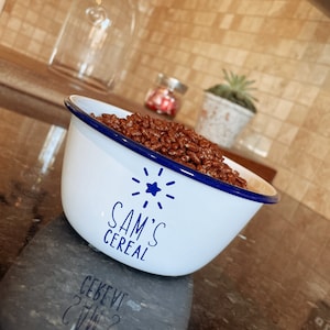 Cereal Bowl Personalised Enamel Bowl, Breakfast Bowl, Snack Pot, Snack Bowl,  Personalised Bowl, Enamel Bowl, Treat Bowl, Personalised Bowl