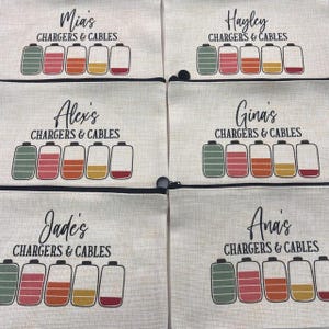 Chargers & Cables Personalised Pouch, Cable Bag, Cable Pouch, Charger Pouch, Holiday Essentials, Travel Essentials, Personalised Cable Bag 1 - Flat Linen