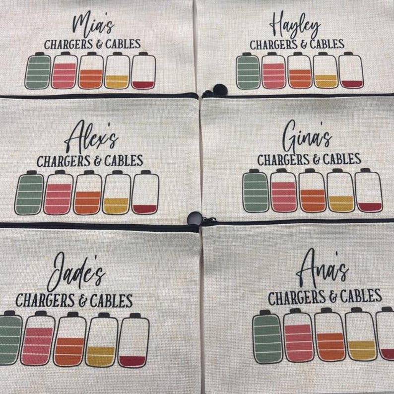 Chargers & Cables Personalised Pouch, Cable Bag, Cable Pouch, Charger Pouch, Holiday Essentials, Travel Essentials, Personalised Cable Bag 1 - Flat Linen