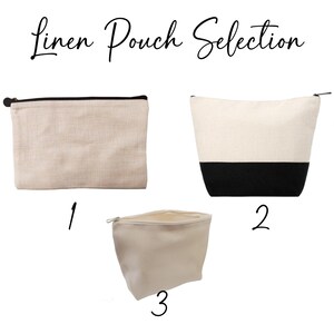 May include: Three linen pouches with zipper closures. The first pouch is beige, the second pouch is beige with a black bottom, and the third pouch is beige.