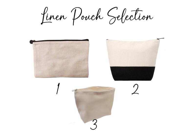 May include: Three linen pouches with zipper closures. The first pouch is beige, the second pouch is beige with a black bottom, and the third pouch is beige.
