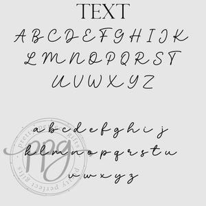 May include: A light gray background displays the uppercase and lowercase alphabets in a cursive font. The word "TEXT" is at the top. A circular logo with the text "pretty perfect gifts" is at the bottom.