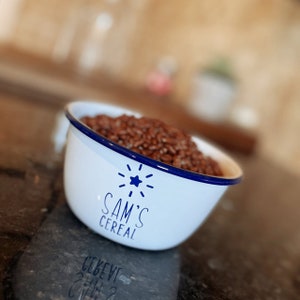 May include: White enamel bowl with a blue rim and a blue star design. The bowl says "Sam's Cereal" and is filled with brown cereal.