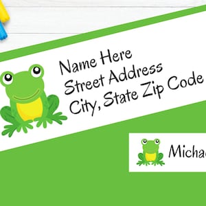 May include: Green frog return address labels with a white background. The labels have a frog illustration and the text "Name Here Street Address City, State Zip Code". A smaller label with a frog illustration and the text "Michael" is also shown.