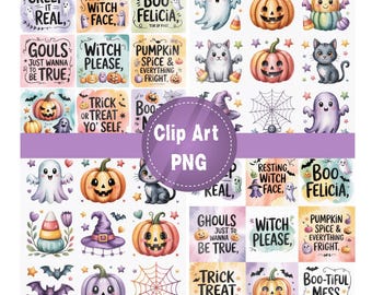 Pastel Halloween Clip Art: Kawaii Ghosts, Pumpkins, Bats (PNG Download)