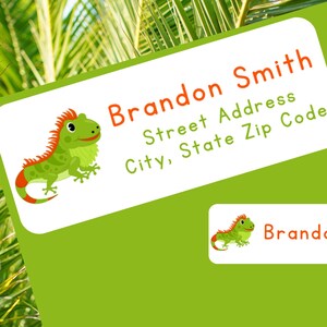 May include: Green and orange iguana cartoon character on a white label with the text "Brandon Smith" and "Street Address City, State Zip Code". A smaller white label with the text "Brandon" and a smaller iguana cartoon character.