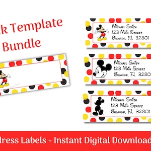 Mickey Return Address Labels | Character Labels | Red, Yellow, Black Polka Dot Labels | Instant Digital Download | Customized Special Font