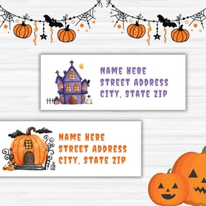 May include: Two printable Halloween address labels featuring a purple haunted house and an orange pumpkin with a door and windows. The labels have the text "NAME HERE STREET ADDRESS CITY, STATE ZIP" on them.
