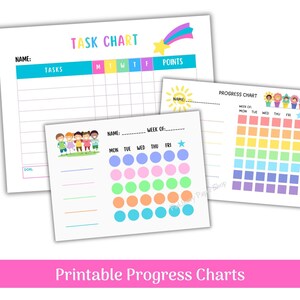 May include: Three printable progress charts for children. The first chart is a task chart with a rainbow star and the text "TASK CHART". The second chart is a weekly progress chart with a rainbow of circles and the text "WEEK OF". The third chart is a progress chart with a rainbow of squares and the text "PROGRESS CHART".