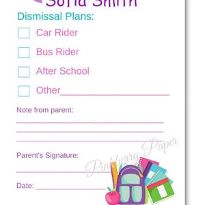School Dismissal Plans Note | Parent Teacher Communication Form | Editable | Personalized Dismissal Form | Printable Forms