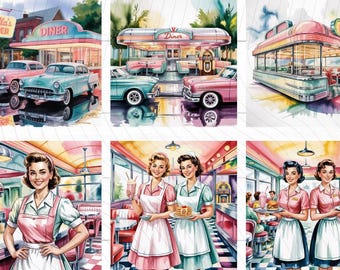 1950s Diner Clipart: Diner Waitress and Food PNG Illustrations
