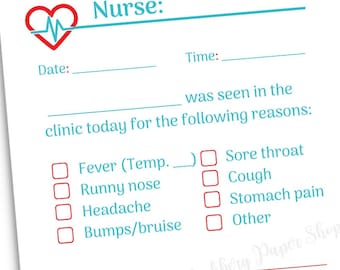 School Nurse Communication Form: Parent Note Template (Digital Download)