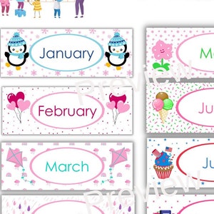 May include: Printable calendar with colorful monthly headers featuring different illustrations for each month. January has penguins, February has hearts, March has kites, April has umbrellas, May has flowers, June has ice cream cones, July has cupcakes, August has books, September has apples, October has pumpkins, November has turkeys, and December has snowmen.
