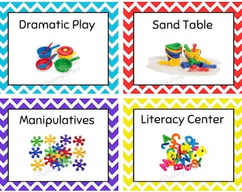 Rainbow Chevron Preschool Center Signs | Set of 15 Printable Classroom Labels | Instant Download