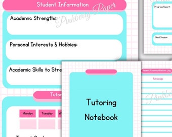 May include: A set of printable tutoring forms with a pink and blue color scheme. The forms include sections for student information, academic strengths, personal interests and hobbies, academic skills to strengthen, student progress, skill focus, notes from teacher, list of study items, homework assignments, parent communication log, tutoring log, and individual support lesson activity.