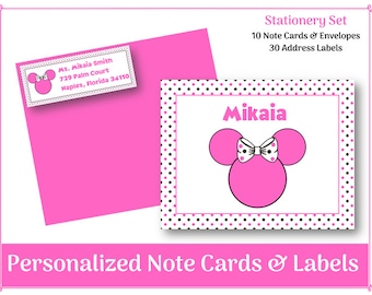 Purple Minnie Glitter Note Cards /& Address Labels