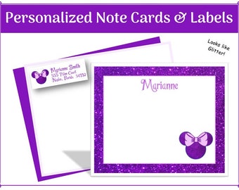 Purple Minnie Glitter Note Cards /& Address Labels