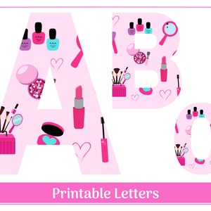 Pink Make-Up Alphabet Letter Clip Art, Numbers 0-9 | Girl's Make-Up Party Themed Banner Letters | Printable A-Z Letters