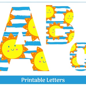Alphabet d'été, clipart lettres de A à Z et chiffres de 0 à 9 | Lettres et chiffres du soleil imprimables et redimensionnables | Bannière, babillard, scrapbooking