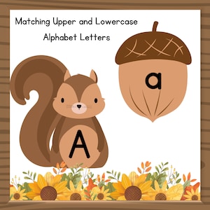 Tarjetas del alfabeto / Alfabeto del aula / Alfabeto temático de ardilla y bellota / Letras imprimibles y redimensionables / Aa mayúsculas y minúsculas - Zz