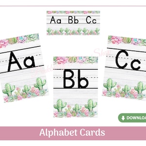 Tarjetas del alfabeto de cactus / Tabla del alfabeto primario rayada / Letras Aa-Zz / Alfabeto con temática desértica / Descarga digital instantánea / Imprimible