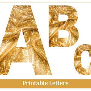 ゴールドのキラキラ輝く華やかなクリップ アート文字 | 大文字 A-Z、数字 0-9 | 印刷可能なバナー、掲示板セット