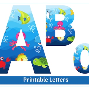 Niedliches Sea Life Alphabet Buchstaben A-Z, Zahlen 0-9 Clip Art, Printable Banner, Pinnwand, Scrapbooking Buchstaben und Zahlen Bild 1