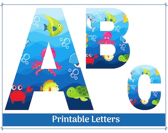 Jolies lettres de l'alphabet Sea Life de A à Z, chiffres de 0 à 9 clipart, bannière imprimable, babillard, lettres et chiffres de scrapbooking