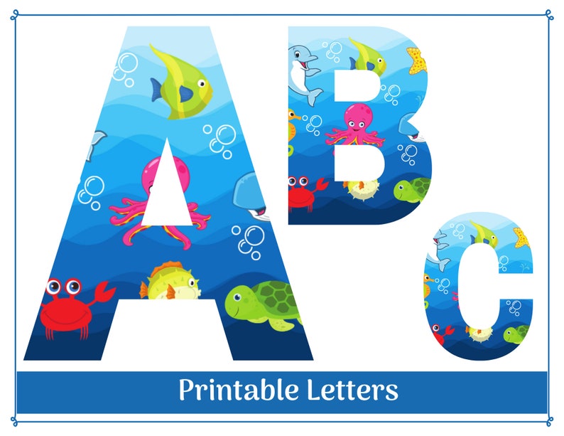 Niedliches Sea Life Alphabet Buchstaben A-Z, Zahlen 0-9 Clip Art, Printable Banner, Pinnwand, Scrapbooking Buchstaben und Zahlen Bild 1