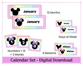 Mickey & Minnie Classroom Calendar Set | Printable Pastel Classroom Headers-Days of Week - Numbers 1-31