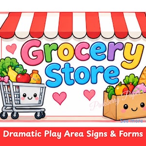 May include: A rectangular sign featuring a red and white striped awning above the text Grocery Store in colorful bubble letters. The design includes a smiling shopping cart filled with produce and a smiling brown paper bag filled with groceries.