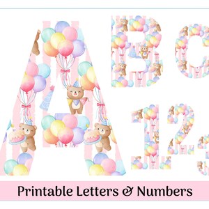 Lettres de l'alphabet d'anniversaire de A à Z, chiffres de 0 à 9 | Bannière d'anniversaire ours en peluche mignon, babillard, album de coupures, lettres et chiffres en sublimation