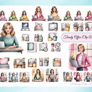 Peut inclure: Ensemble de clip art aquarelle représentant des femmes à des bureaux avec des ordinateurs portables, des fournitures de bureau et le texte "Trendy Office Clip Art". Les illustrations incluent divers éléments de bureau et des femmes en tenue professionnelle.