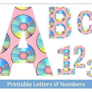 May include: Printable letters and numbers with a pink background and a pattern of colorful CDs. The letters are A, B, and C. The numbers are 1, 2, and 3.