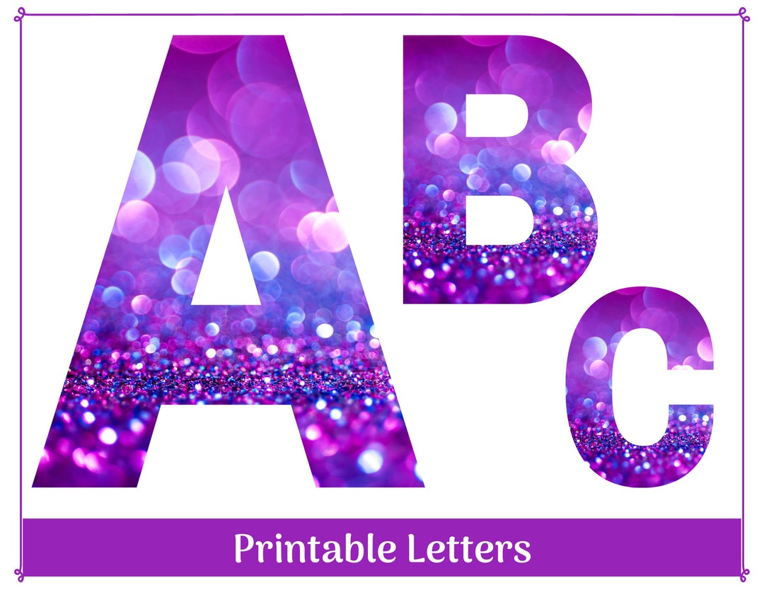 Purple Sparkle Alphabet Letters AZ, Numbers 09 Printable Banner
